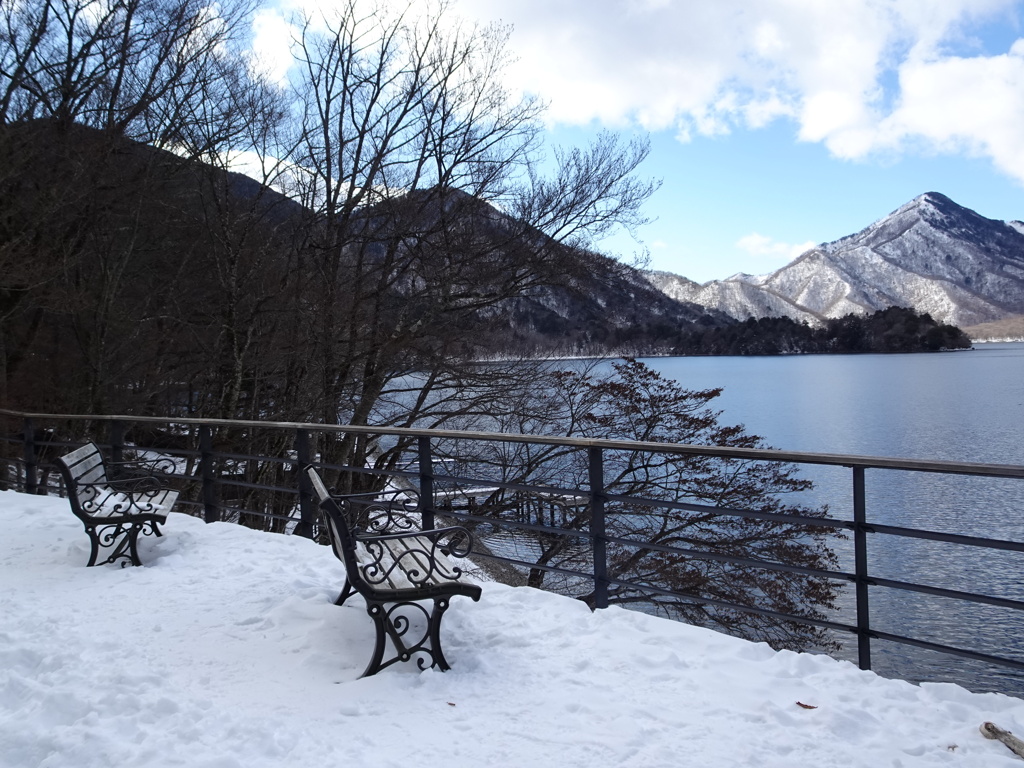 雪のベンチで中禅寺湖を望む
