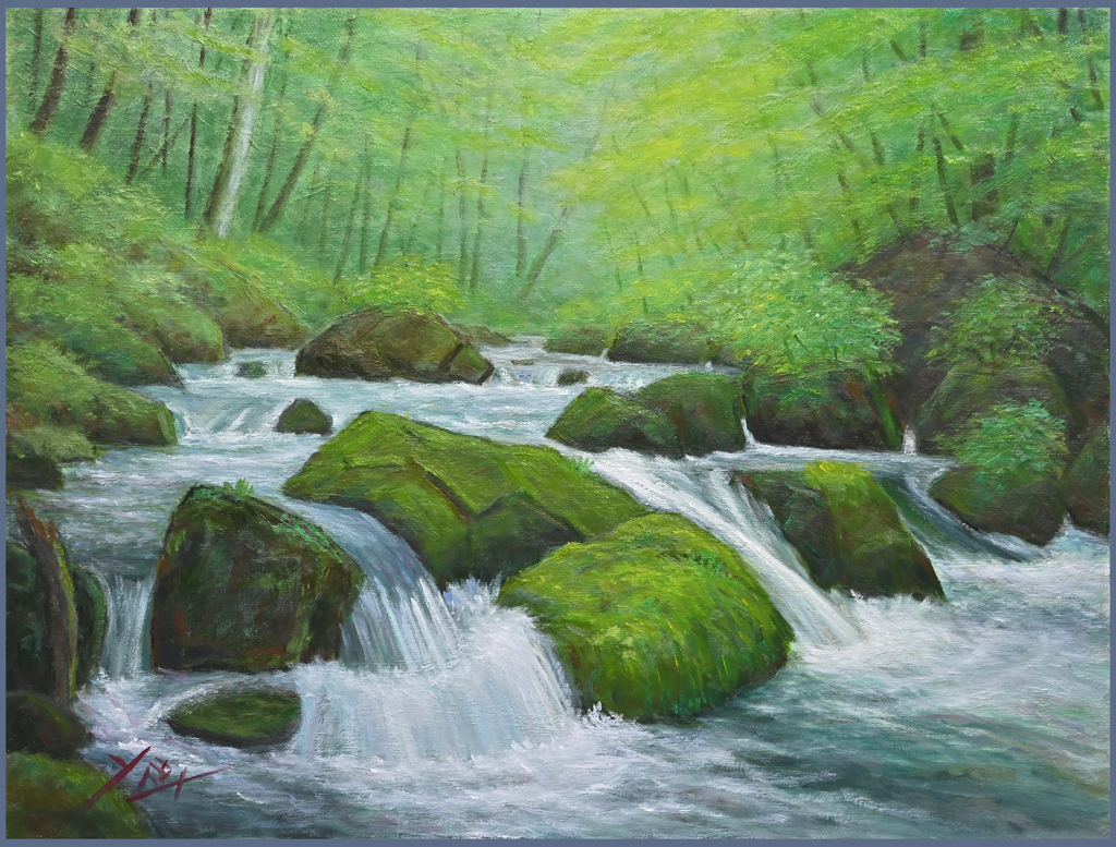 油彩P10号「新緑の本石ヶ戸の流れ」