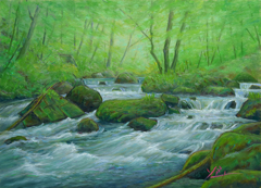 油彩画　奥入瀬「新緑の中阿修羅の流れ」P10号