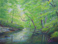 油彩絵画　奥入瀬「水鏡」