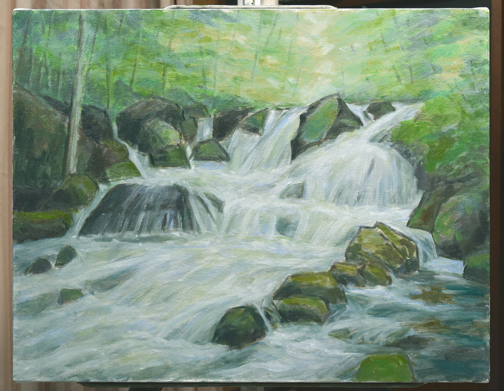 油彩奥入瀬「九龍の流れ」制作段階 5