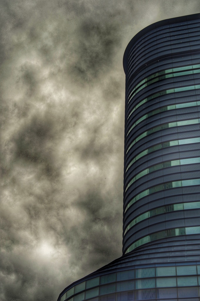 Cloudy sky and building.