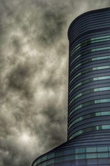 Cloudy sky and building.