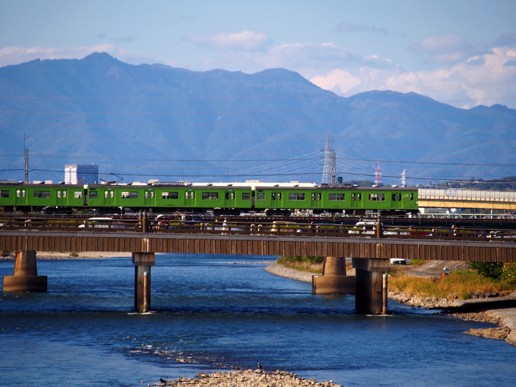 電車撮る 愛宕の山を 借景に