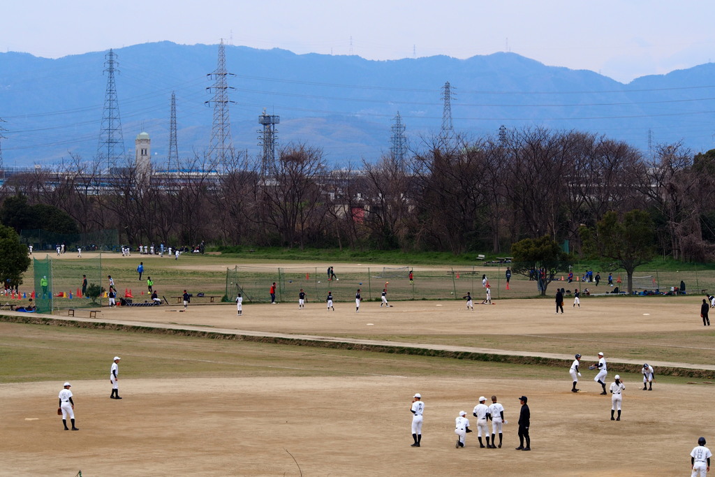 球春や 所狭しと 河川敷