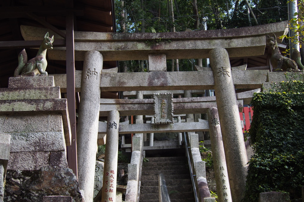 珍しや 石の鳥居と おきつねさん