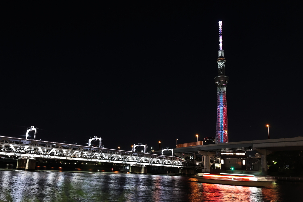 隅田川夜景(東武線とスカイツリー）