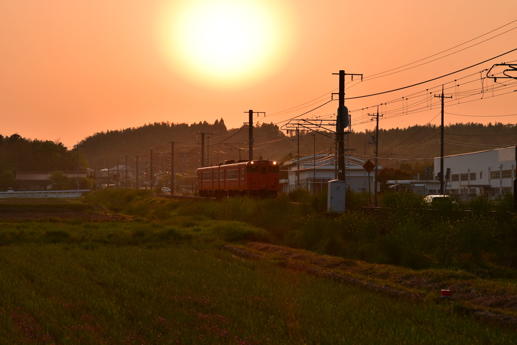 夕日と電車
