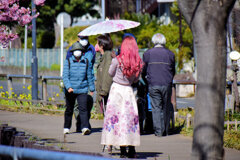 せせらぎ遊歩道でカメラ女子　2/3