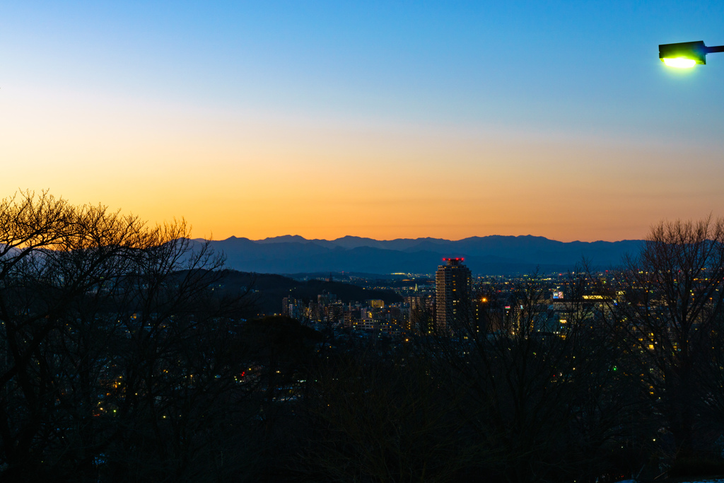 残雪トワイライト夜景２（都立桜ヶ丘公園 ゆうひの丘）