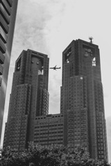 東京都庁と飛行機