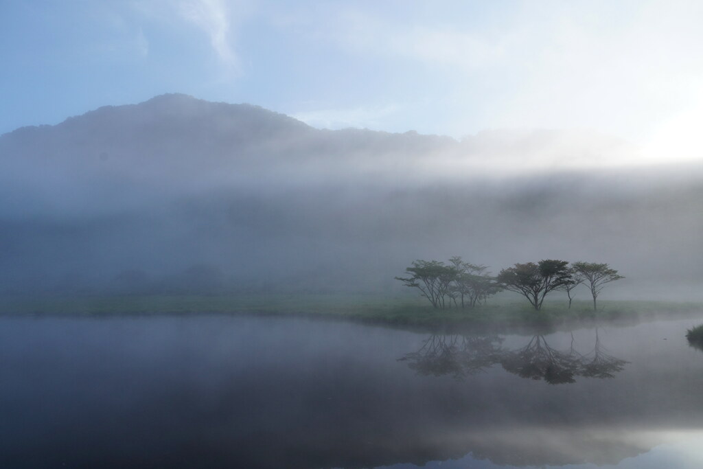 朝霧漂う覚満淵
