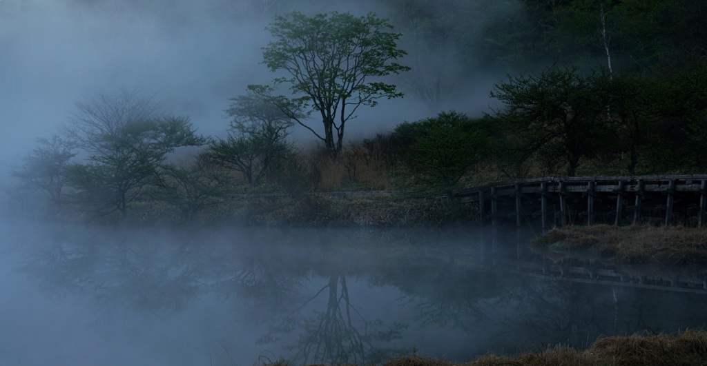 朝霧湧く覚満淵
