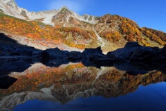 水面映る紅葉の涸沢