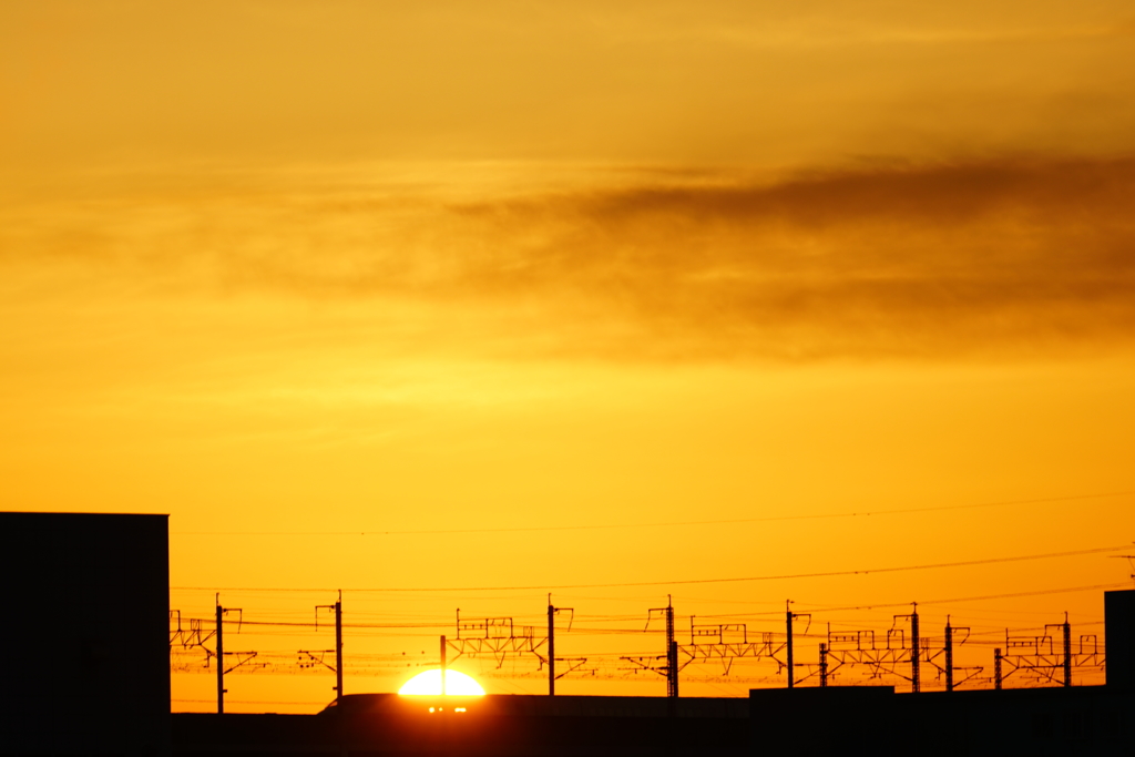 朝陽を射抜く新幹線