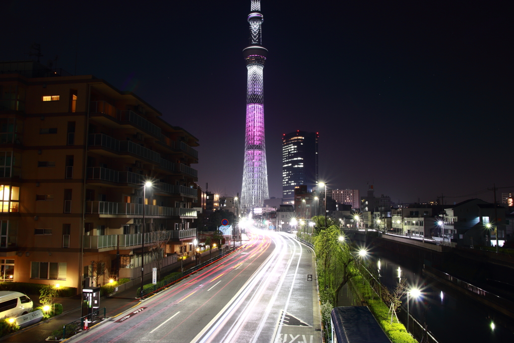 街中で輝くスカイツリー