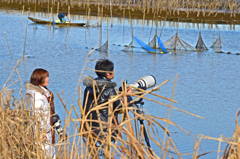 冬の遊水地　仲良しカメラマン