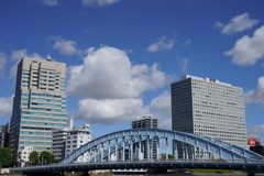 永代橋と雲と点のようなカモメ