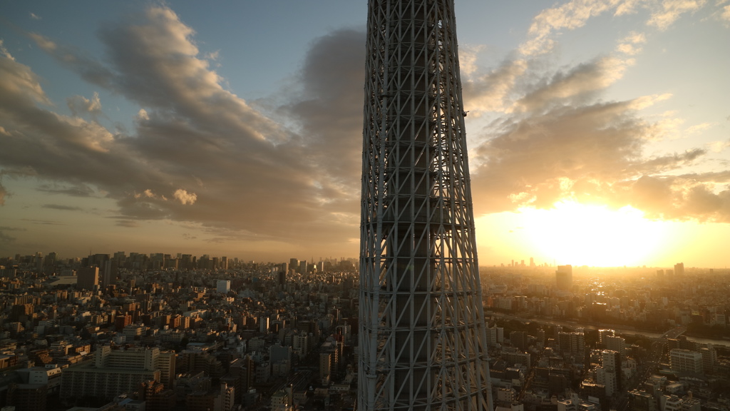 イーストタワー押上　30Fから　見た　夕陽とスカイツリー