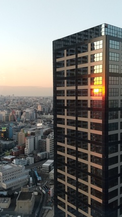ビルの窓ガラスに写る沈みゆく夕陽
