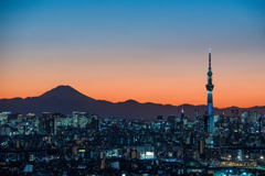 「ライトアップされた東京スカイツリーと富士山」