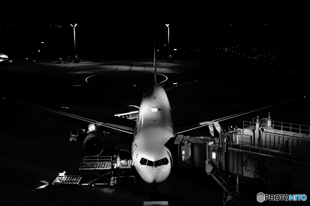 羽田空港　白黒飛行機