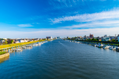 青空と川と遠くに見えるボート
