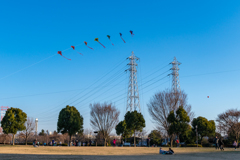 連凧とボールと鉄塔と青空と