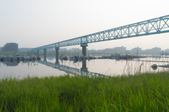 早朝の江戸川の、これは橋？何かの管？