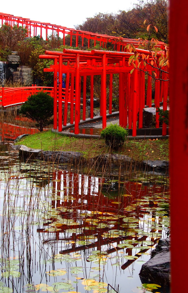 日本庭園に千本鳥居