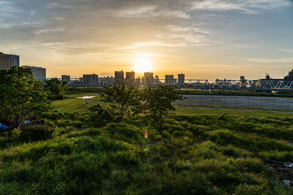 夕日からの淡い光芒