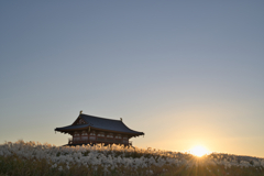 白金色雲に浮かぶ、古都の朱