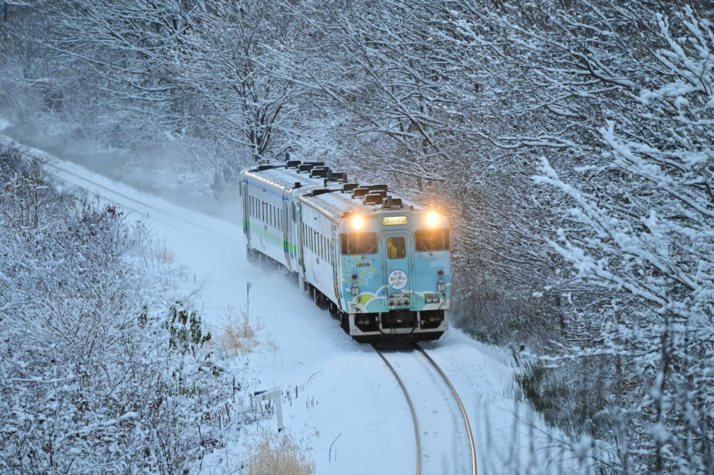 11月の降雪後の小沼を行くキハ40 道南海の恵み号