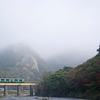 秋の久慈川を行く水郡線と朝もやに包まれた大だるま岩