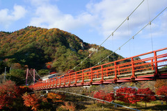 横から見るあゆのつり橋と紅葉燃える矢祭山