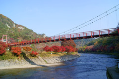 あゆのつり橋と久慈川河畔の紅葉と矢祭山の奇岩群