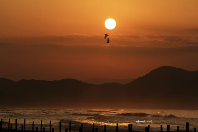 波と夕日