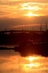 夕景と水田