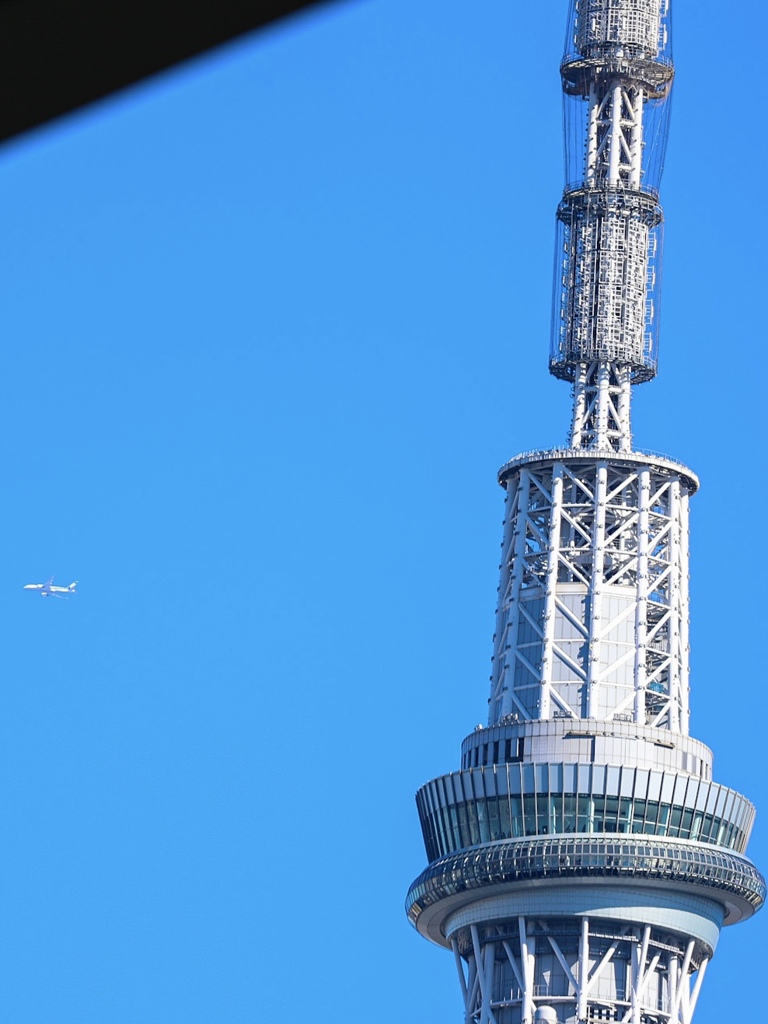 高架下からスカイツリーと小さく飛行機