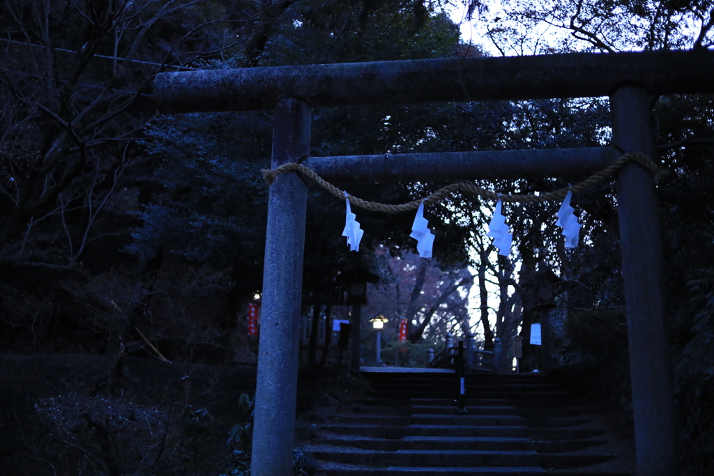 神社の参道にて