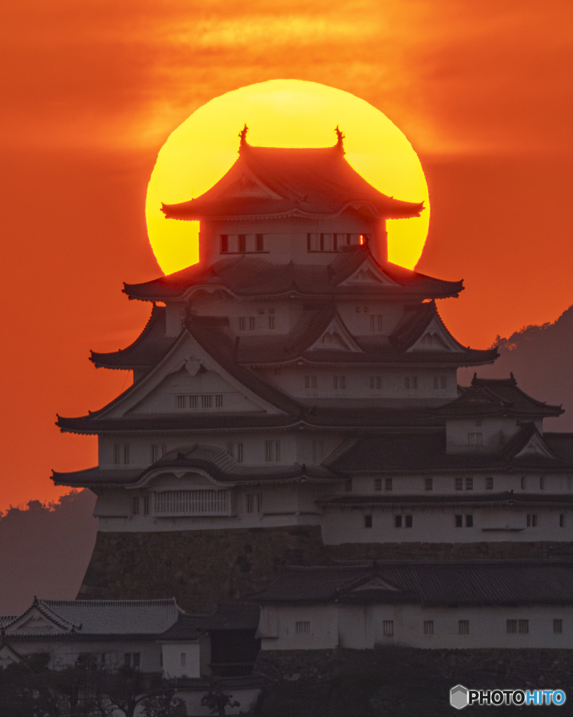 姫路城と夕日