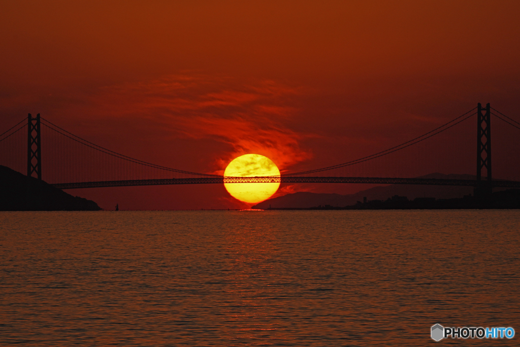 明石海峡大橋と夕日②