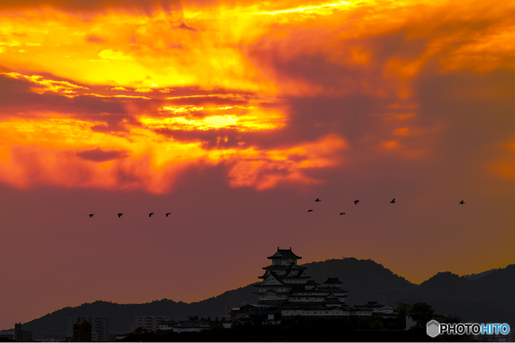 姫路城と夕焼け