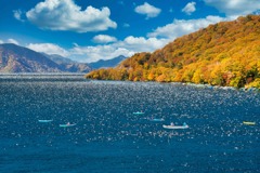 紅葉の中で釣りを楽しむ