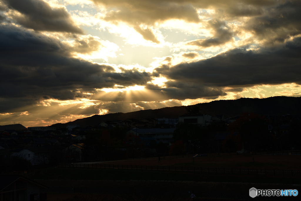大和郡山城から夕陽を望む
