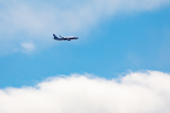 太陽と雲に照らされるANA B737