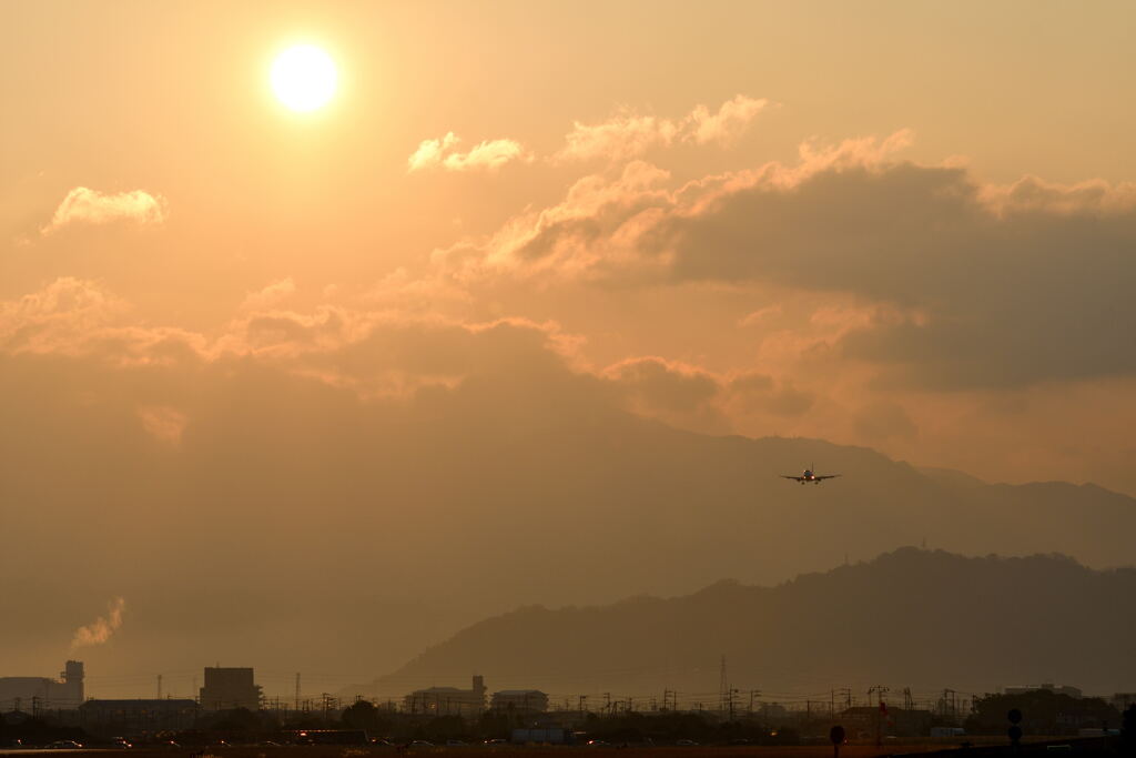 早朝の光とヒコーキ