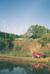水田と赤いバイク