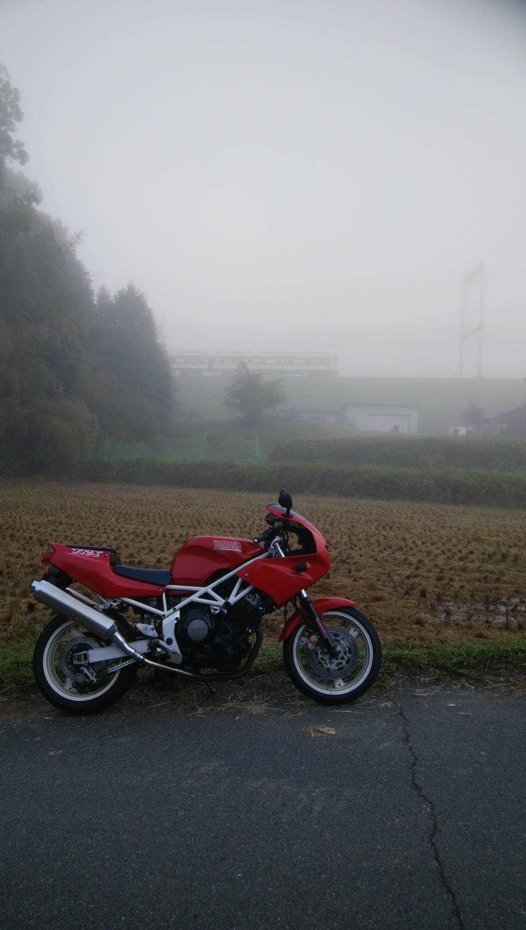霧とバイクと電車