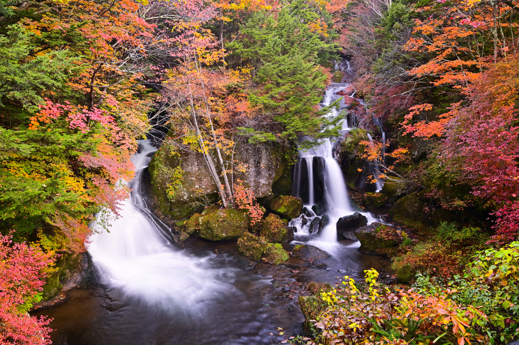秋彩に染まる滝